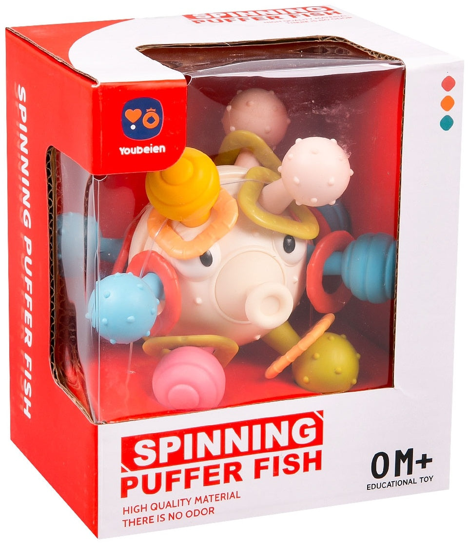 Fidtoy Spinning Puffer Fish Rattle Teether Toy for Babies 3-12 Months, PP Colorful Sensory Sea Animal Toy with Spinning Fins and Travel-Friendly Grip Design