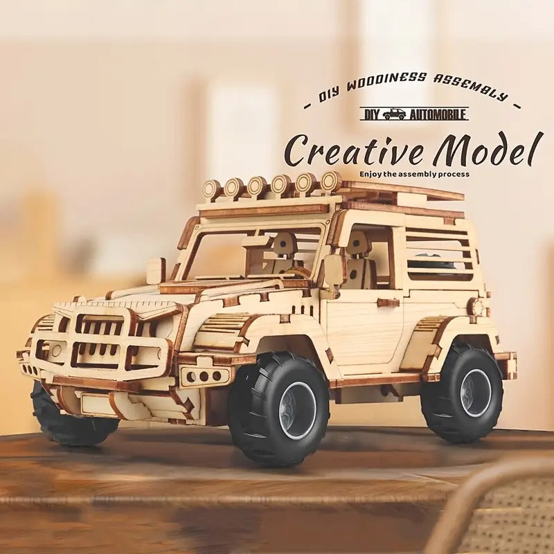 Fidtoy Jeep mécanique 3D en bois à tirer, puzzle de 125 pièces, kit de construction de SUV en bois pour adolescents, adultes, débutants à partir de 14 ans