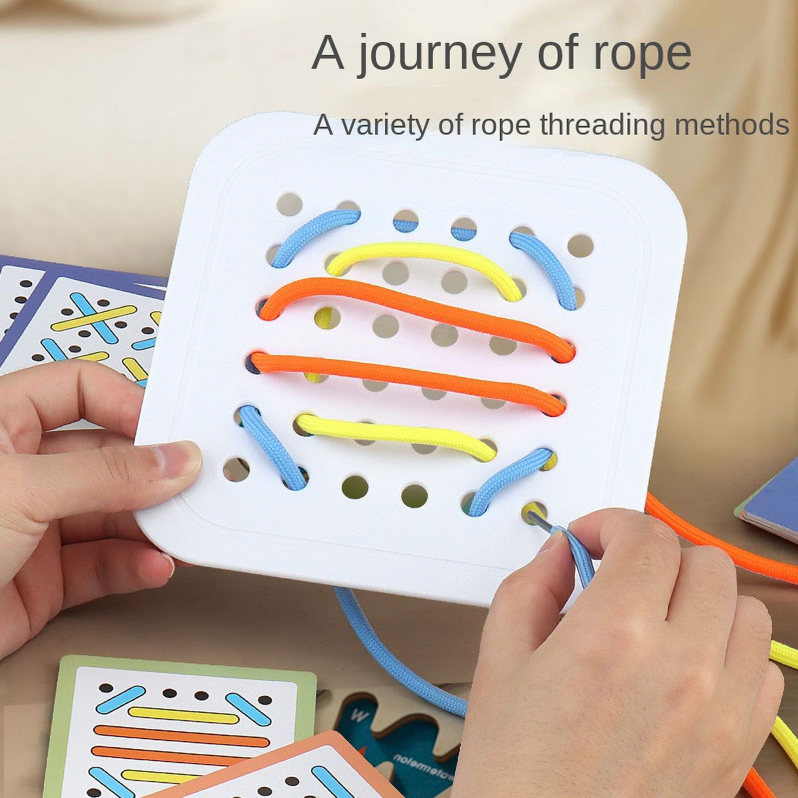 Fidtoy Rope-Wearing Double Player Pattern Card Game for Kids Ages 3-6, Lacing Board Game with 40 Pattern Cards, Colorful Ropes, Fine Motor Skill Practice and Family Tabletop Play