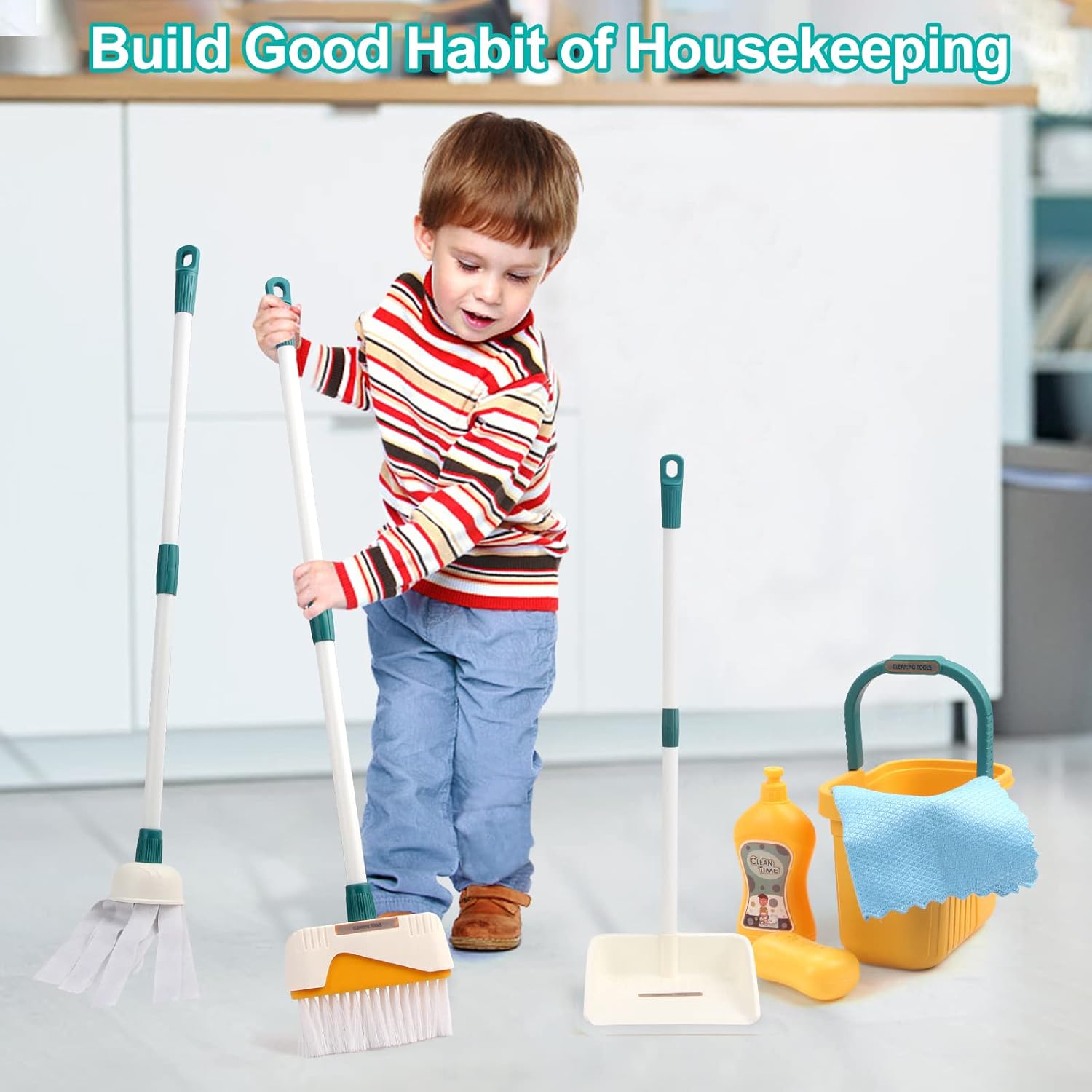 Fidtoy Children Clean Time Cleaning Set for Toddlers – Pretend Play Cleaning Toy Kit with Broom Mop Bucket Dustpan Role Play Housekeeping Set for Kids Ages 2-6