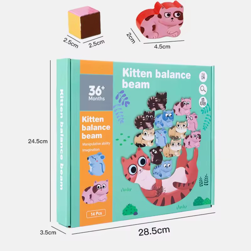 Fidtoy Wooden Kitten Balance 14 Pieces Learning Toy Montessori Animal Stacking Game for Kids Ages 3+