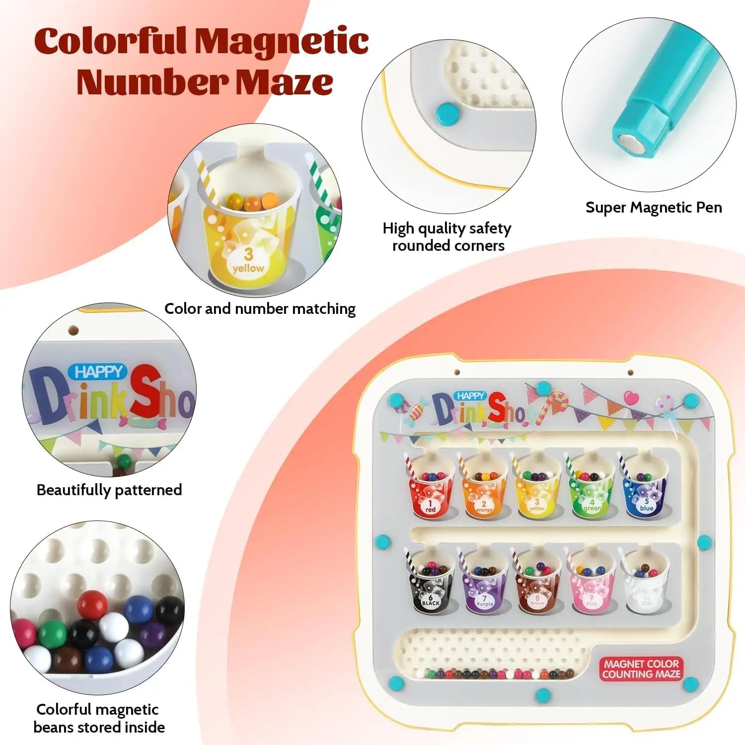 Fidtoy Rose 2-en-1 Labyrinthe Magnétique de Perles pour Trier les Couleurs et Tableau de Dessin, Labyrinthe Magnétique Double Face en Plastique et Tableau de Gribouillage, Jouet de Voyage à Motricité Fine pour Compter les Couleurs, Âge 3+