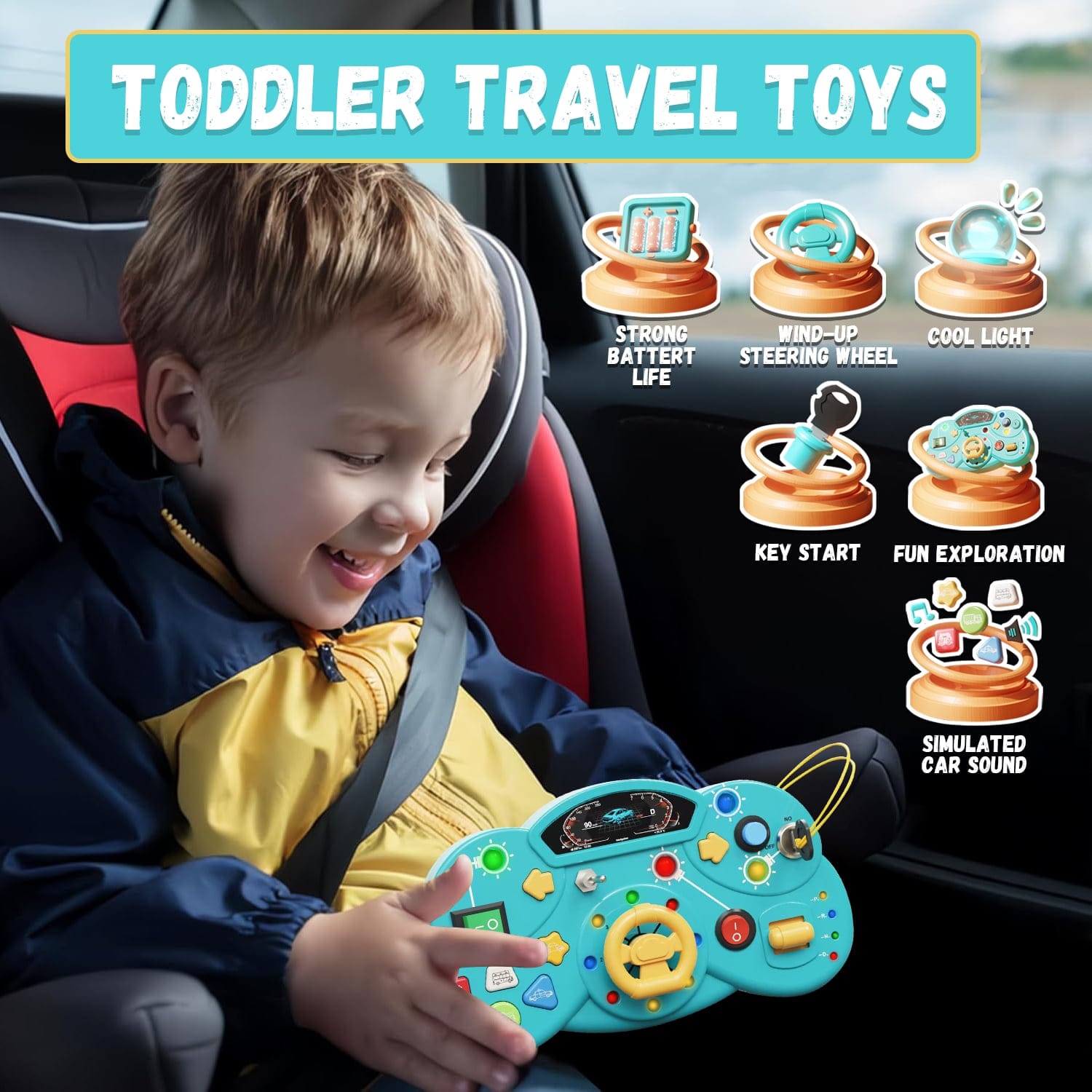 Fidtoy Busy Switch Light Car Console Board B50 for Toddlers – Interactive Steering Wheel Busy Board with LED Lights, Vehicle Sounds & Fine Motor Play