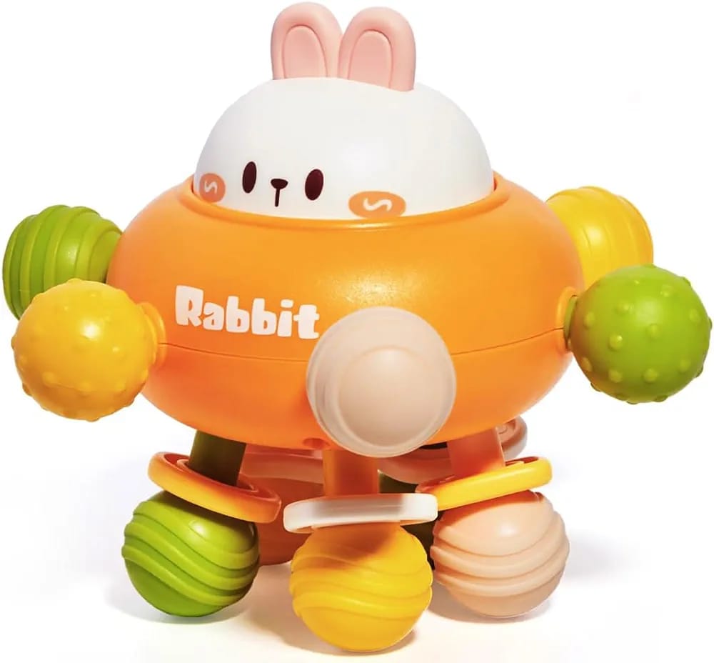 Fidtoy Jouet de dentition et hochet 3-en-1 en silicone pour bébé, hochet lapin pour bébés de 6 mois et plus, jouet à mâcher texturé pour les voyages, le jeu en poussette et le développement sensoriel précoce