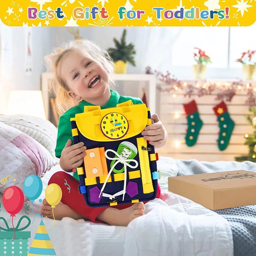 Fidtoy Toddler Busy Kit with Pop Tubes Backpack | Cloth Busy Board Backpack, Montessori Dressing Skills Toy, Pop Tube Shape Building, Fine Motor Skills & Travel Learning Toy Age 3+