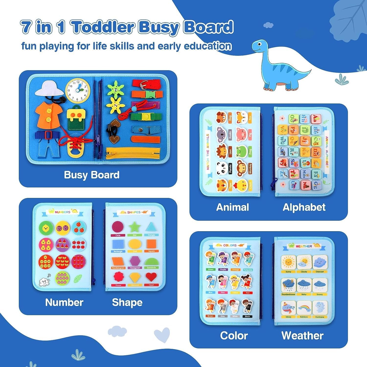 Fidtoy Busy Dinosaur Learning Sensory Fine Motor Book for Toddlers – 5 Double-Sided Montessori Busy Book with Buckles, Zippers, Numbers, Letters & Weather Activities