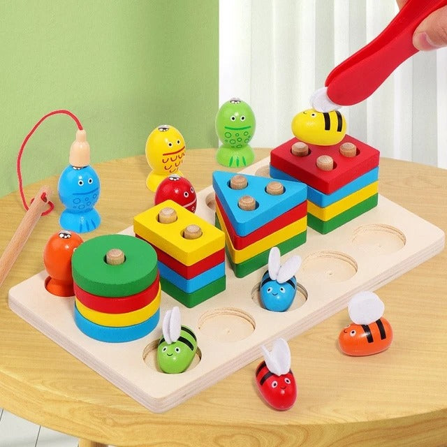 Fidtoy 3 in 1 Bee Clipping and Magnetic Fishing Four Column Shape Kit, Wooden Shape Sorting and Fine Motor Learning Toy Ages 2-6