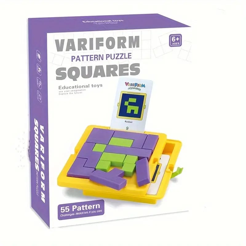 Fidtoy Variform Squares Mind Pattern Puzzle for Kids | 55 Challenge Cards, 13 Plastic Logic Blocks, Color Matching, Pattern Building, Memory & Problem-Solving Game Age 5-12
