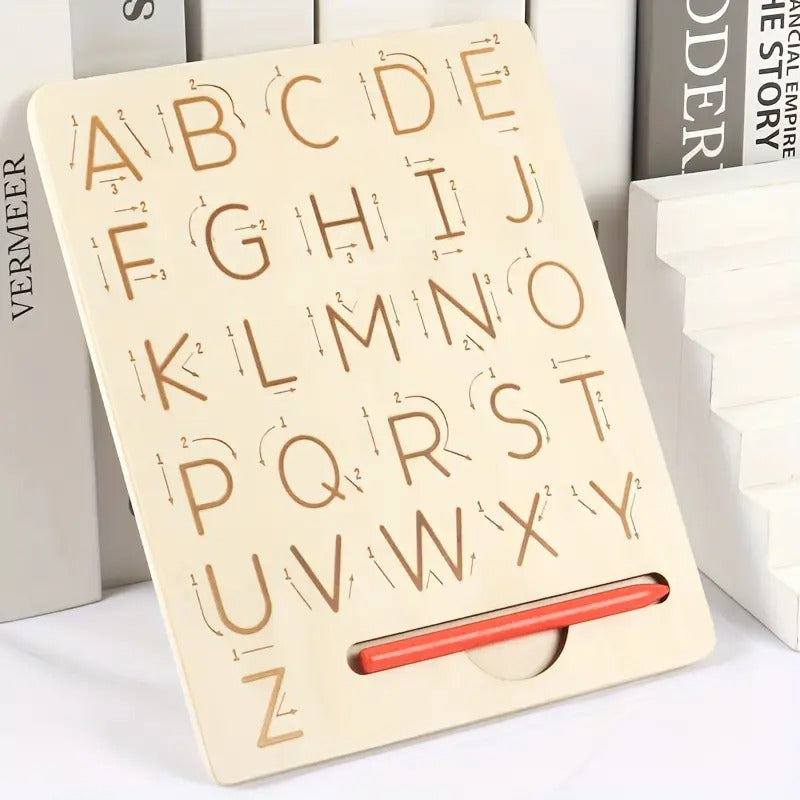 Fidtoy Montessori Double-Sided Alphabet Tracing Board for Kids Wooden Uppercase Lowercase Letter Writing Practice Toy Age 2-6