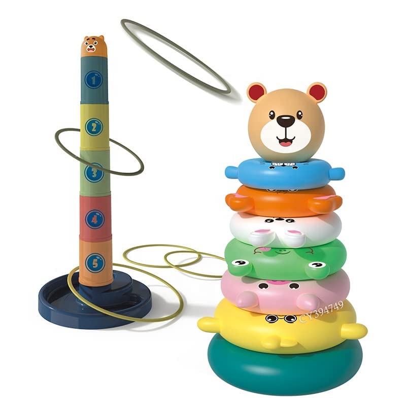 Fidtoy Jeu de 2 en 1 avec gobelets empilables et tour d'anneaux, jouet d'empilage en plastique pour emboîter les gobelets et tour d'anneaux, jouet d'apprentissage des couleurs pour la motricité fine, à partir de 6 ans