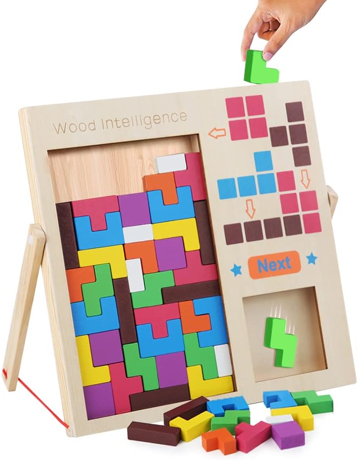 Fidtoy Wooden Tetris Cube Puzzle Blocks, 40 Piece Wooden Tetris-Style Puzzle with Puzzle Box, Shape Sorting Brain Teaser for Spatial Reasoning and Creative Building Ages 3+