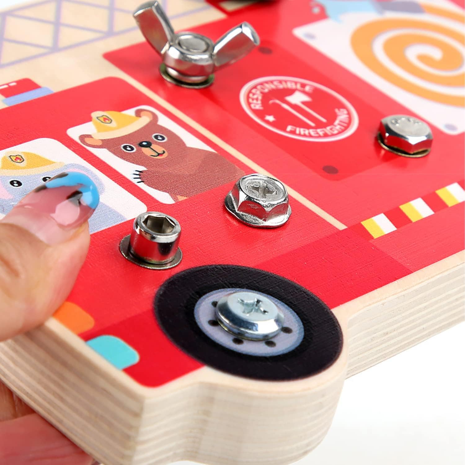 Fidtoy Wooden Montessori Disassembly Fire Truck Screw Board Fine Motor Tool Toy for Kids Ages 3+