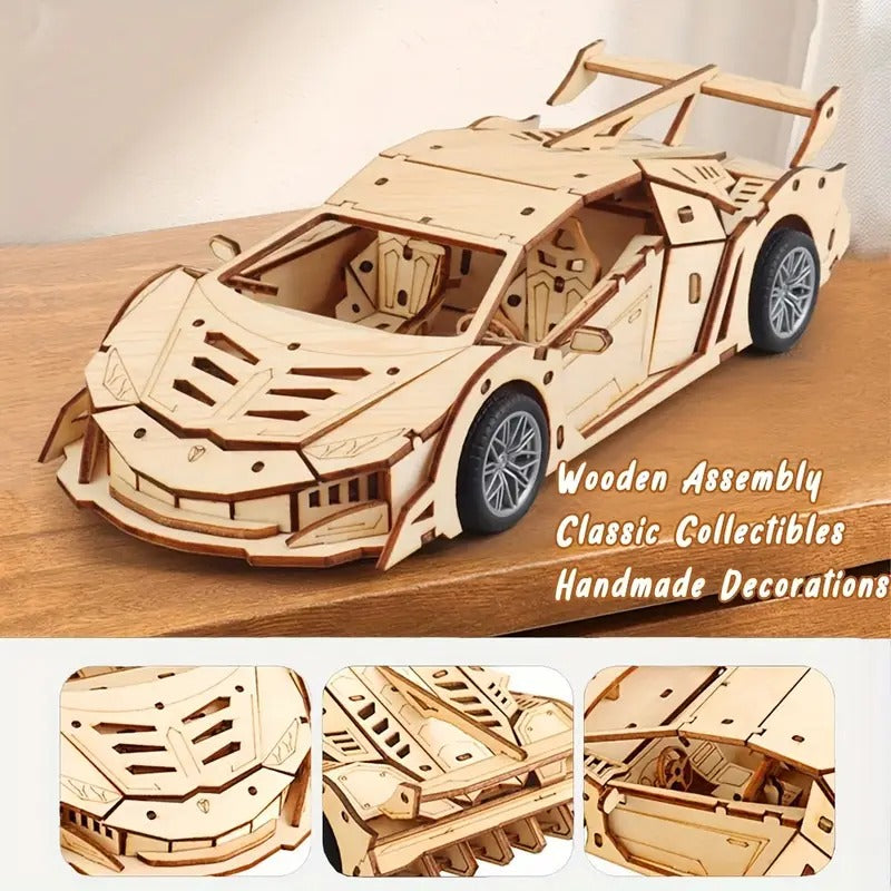 Fidtoy Puzzle 3D en Bois Voiture Supercar à Rétrofriction 114 Pièces, Maquette de Voiture en Bois pour Adolescents et Amateurs de Puzzles à partir de 14 Ans