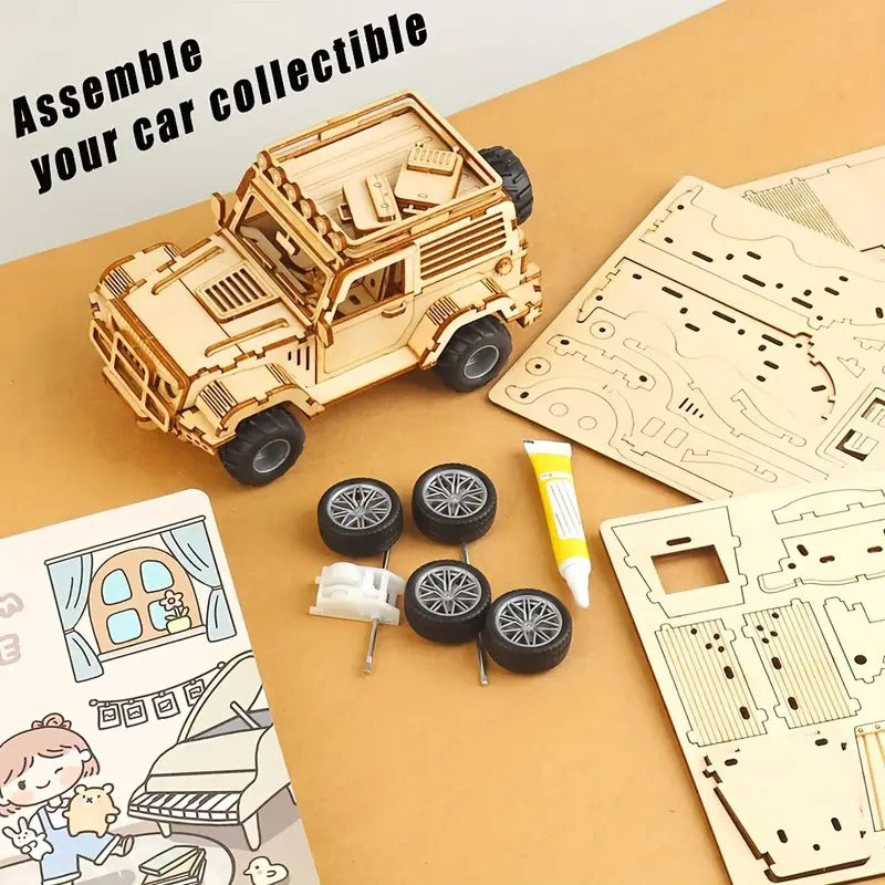 Fidtoy Jeep mécanique 3D en bois à tirer, puzzle de 125 pièces, kit de construction de SUV en bois pour adolescents, adultes, débutants à partir de 14 ans