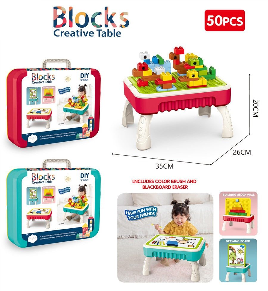 Fidtoy 3 In 1 Multifunctional Briefcase Building Blocks Table, Plastic Portable Building Table and Drawing Board Set, Fine Motor Creative Play Toy Ages 3+
