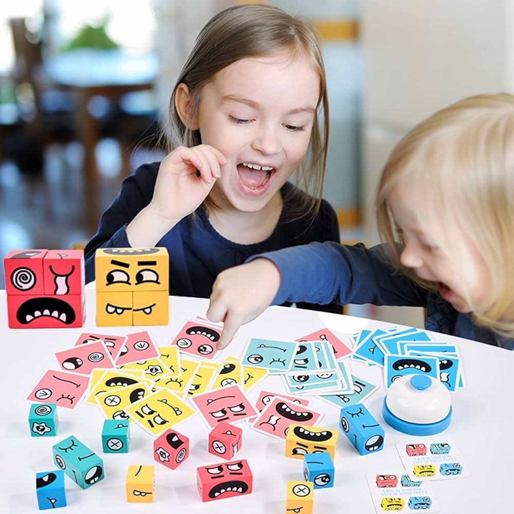Fidtoy Wooden Face Changing Magic Cube Puzzle with Buzzer for Kids | Expression Matching Game, Montessori Brain Teaser, Pattern Cards & Fine Motor Tabletop Toy Age 3-8