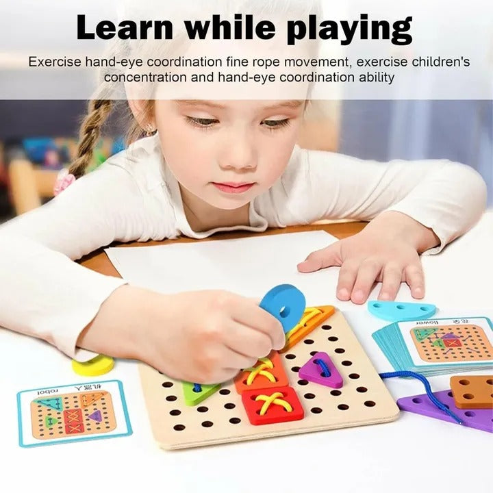 Fidtoy Wooden Rope Shape Lacing Pattern Kit Fine Motor Threading Toy for Kids Ages 3+