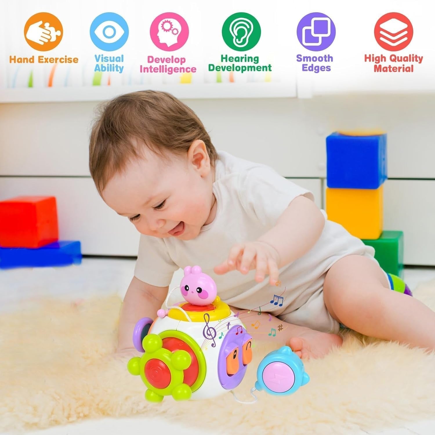 Fidtoy Cube d'activités 6-en-1 Busy Catch Ball pour tout-petits, cube d'activités Montessori sensoriel avec interrupteurs, prise, clé lapin, hand spinner et activités de motricité fine, à partir de 18 mois