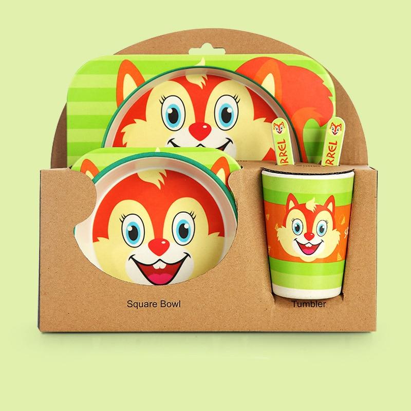 Fidtoy Bamboo Dinnerware Set for Kids – 5 Piece Mealtime Set Plate Bowl Cup Spoon Fork for Toddlers