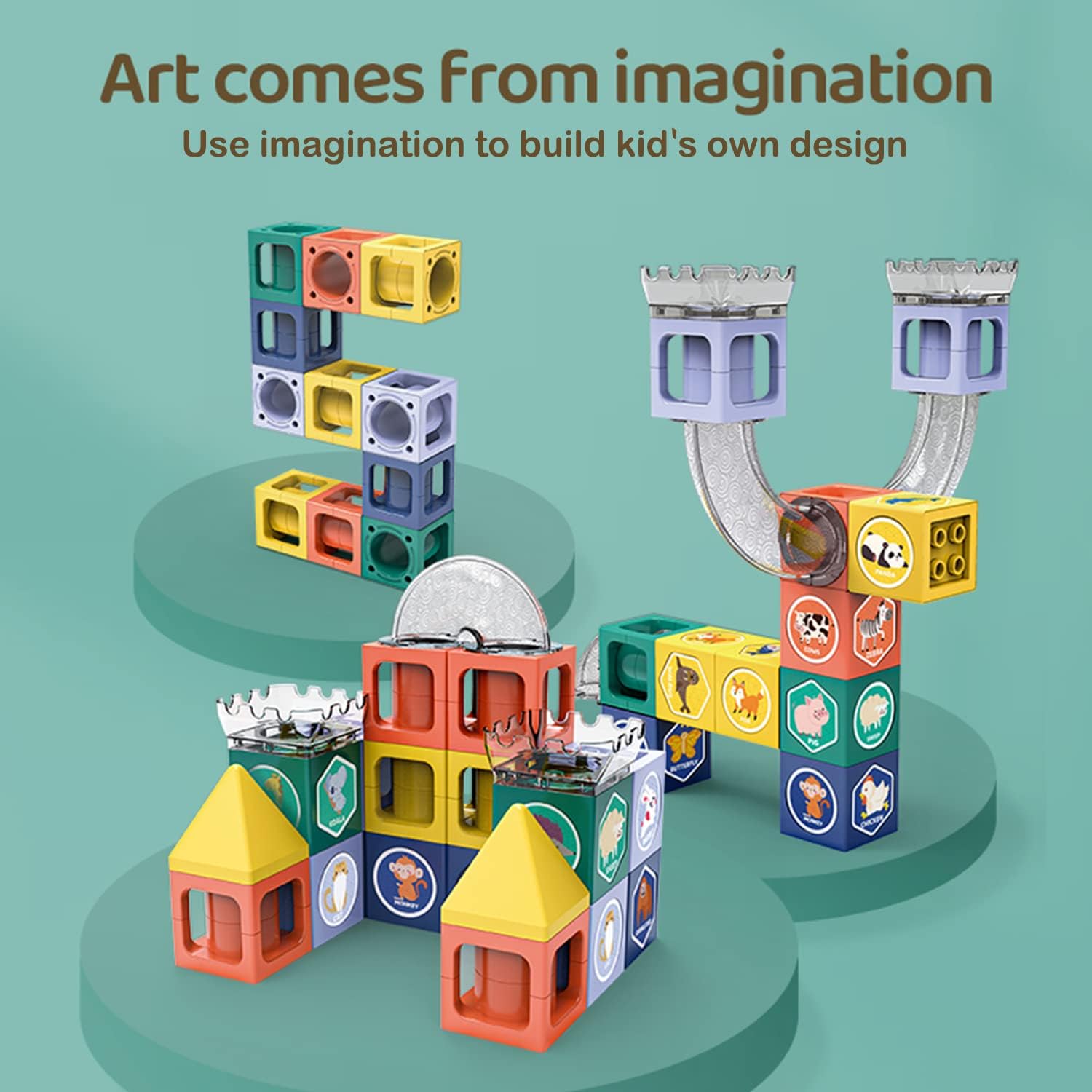 Fidtoy STEM Marble Run Magnetic Stacking Blocks with Dolls 52 Pieces for Kids Ages 3+, Plastic Magnetic Building Blocks Set with Marble Track, Stickers, 2 Dolls, Creative STEM Construction Toy