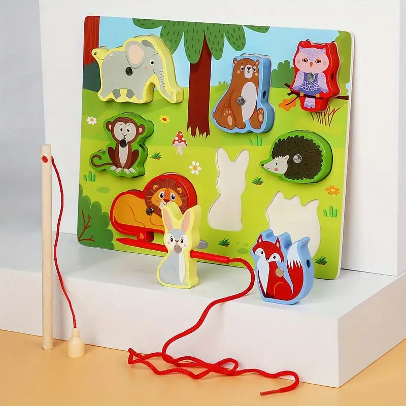 Fidtoy Puzzle magnétique 3D coloré à lacer - Design aléatoire, Puzzle de pêche et de laçage magnétique en bois, Jouet d'apprentissage précoce pour la motricité fine et l'association des couleurs, Âges 2-6