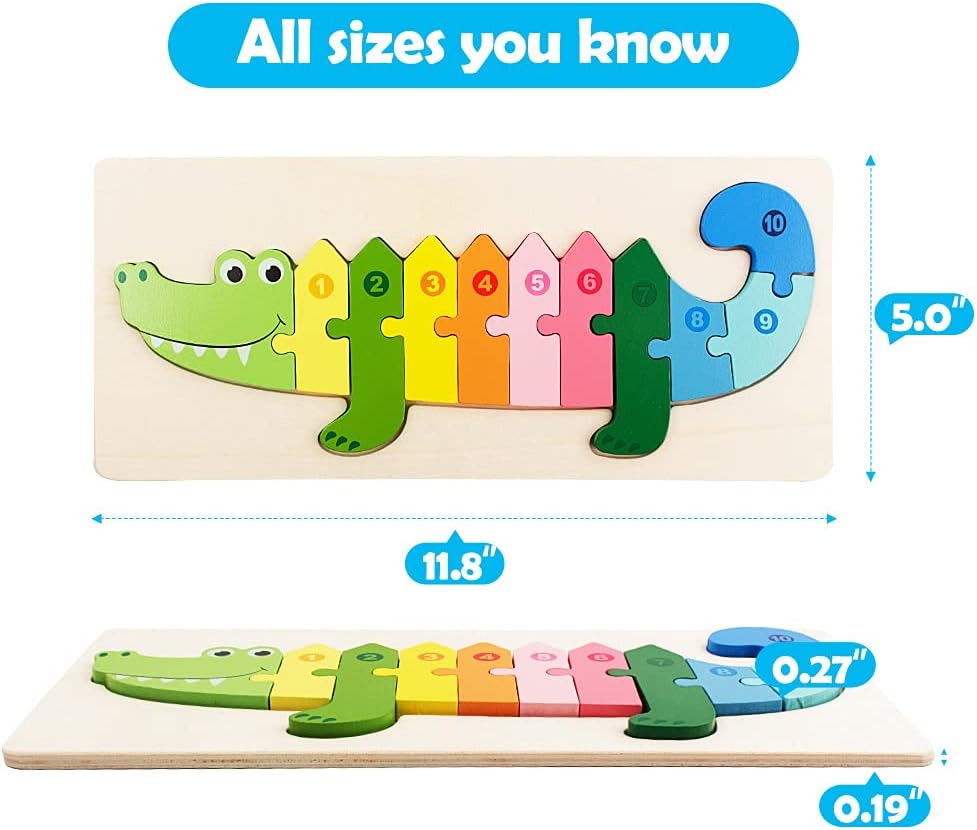 Fidtoy Plateau de puzzle 3D en bois crocodile, Plateau d'animaux en bois pour tout-petits, Puzzle d'association préscolaire, Jouet de reconnaissance des couleurs motricité fine pour les 2-6 ans