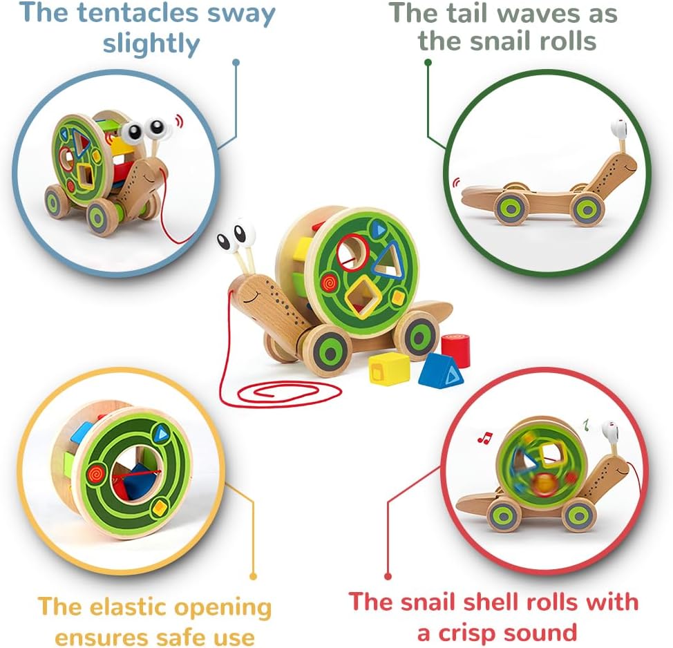 Fidtoy Juguete de arrastre con forma de caracol de madera, clasificador de formas, juguete de aprendizaje para niños pequeños