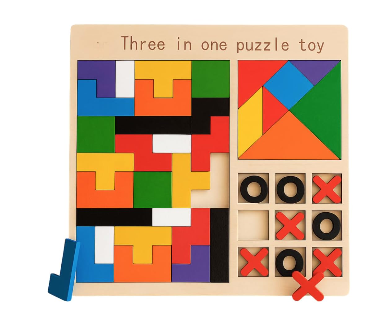 Fidtoy Jeu de Société en Bois 3-en-1 Tetris, Chiffres et Casse-tête pour Enfants, Planche en Bois avec Blocs de Construction, Tangram et Tic-Tac-Toe, Jouet de Motricité Fine et de Stratégie pour les 2-6 Ans