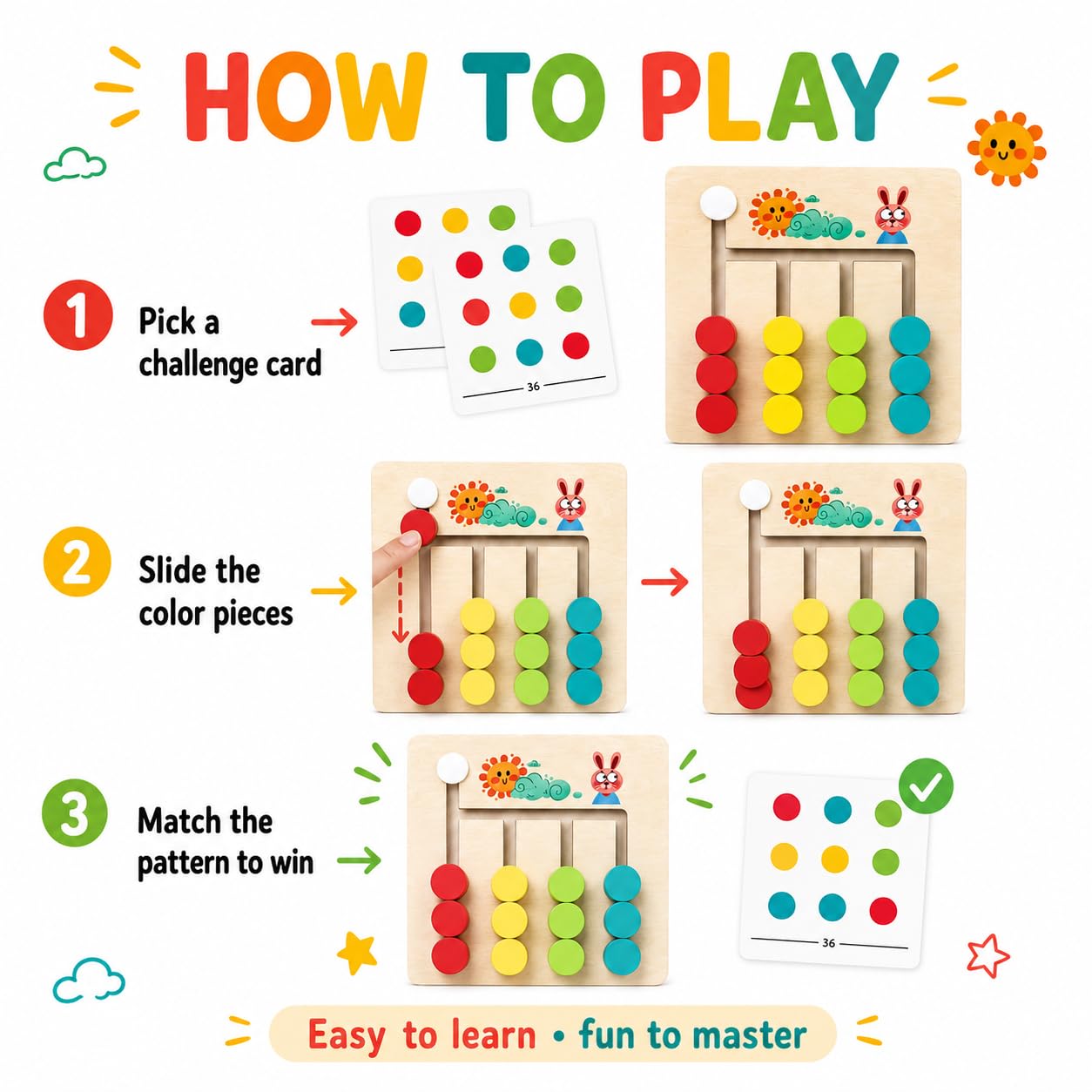 Fidtoy Small Wooden 4 Colour Logic Game for Kids Ages 3+, Compact Wooden Maze Puzzle with Sliding Shapes, Color Matching, Fine Motor Play and Problem Solving Learning Board