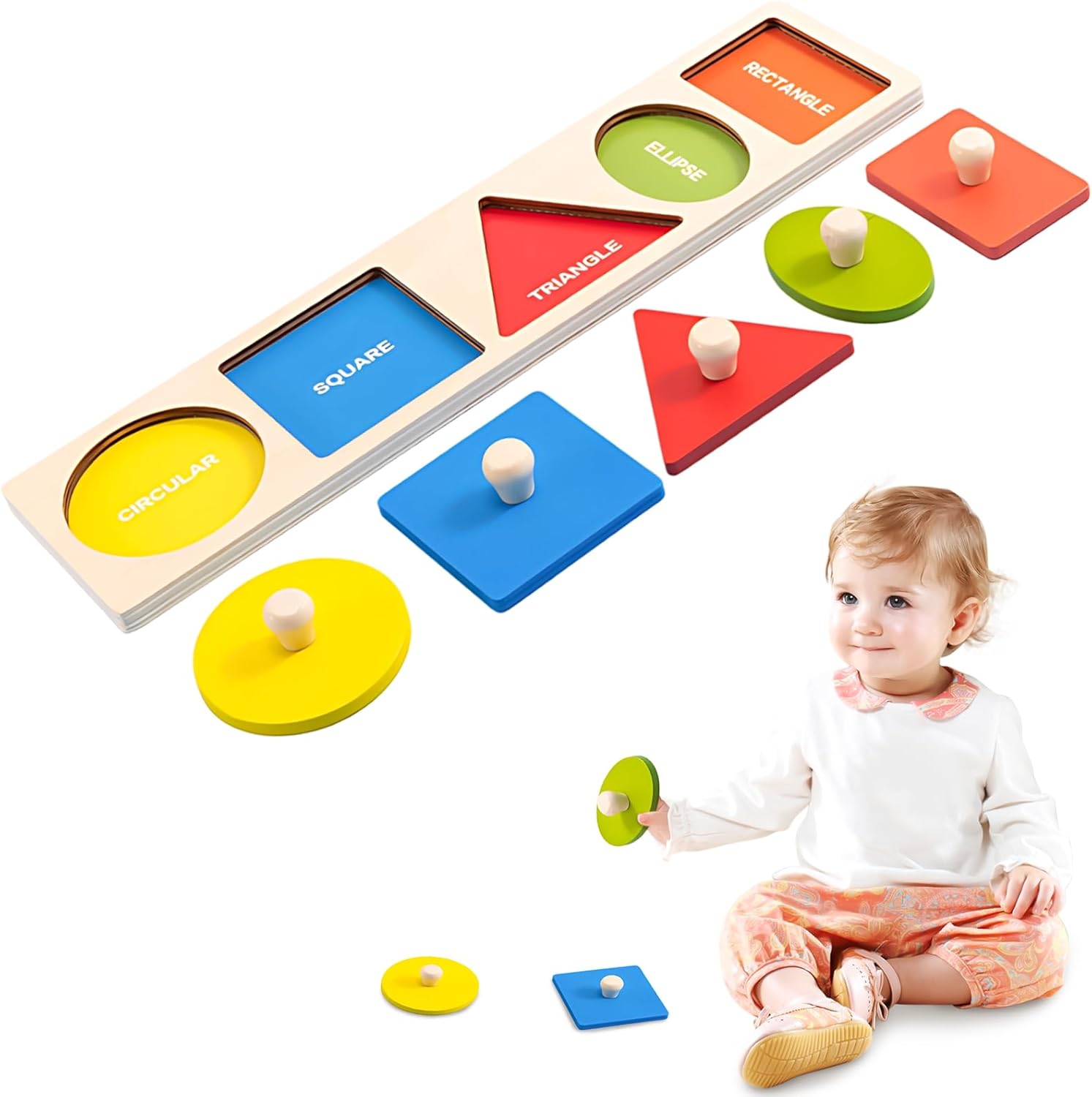 QESSUVNC Jeu de tri de formes en bois pour tout-petits, Puzzle à chevilles Montessori, Formes géométriques, 1-3 ans