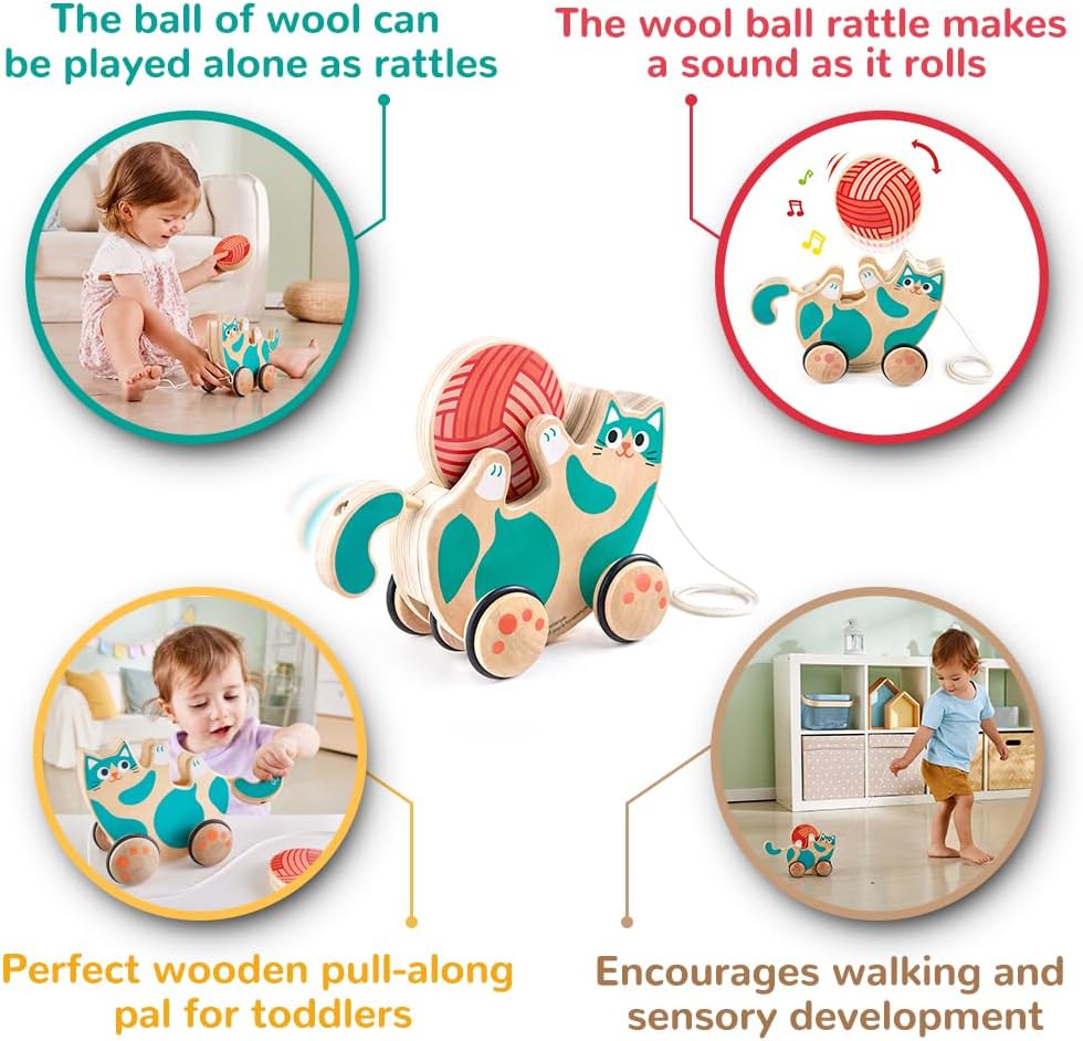 Fidtoy Juguete de arrastre con forma de gatito para bebés, juguete de madera con ruedas para niños pequeños