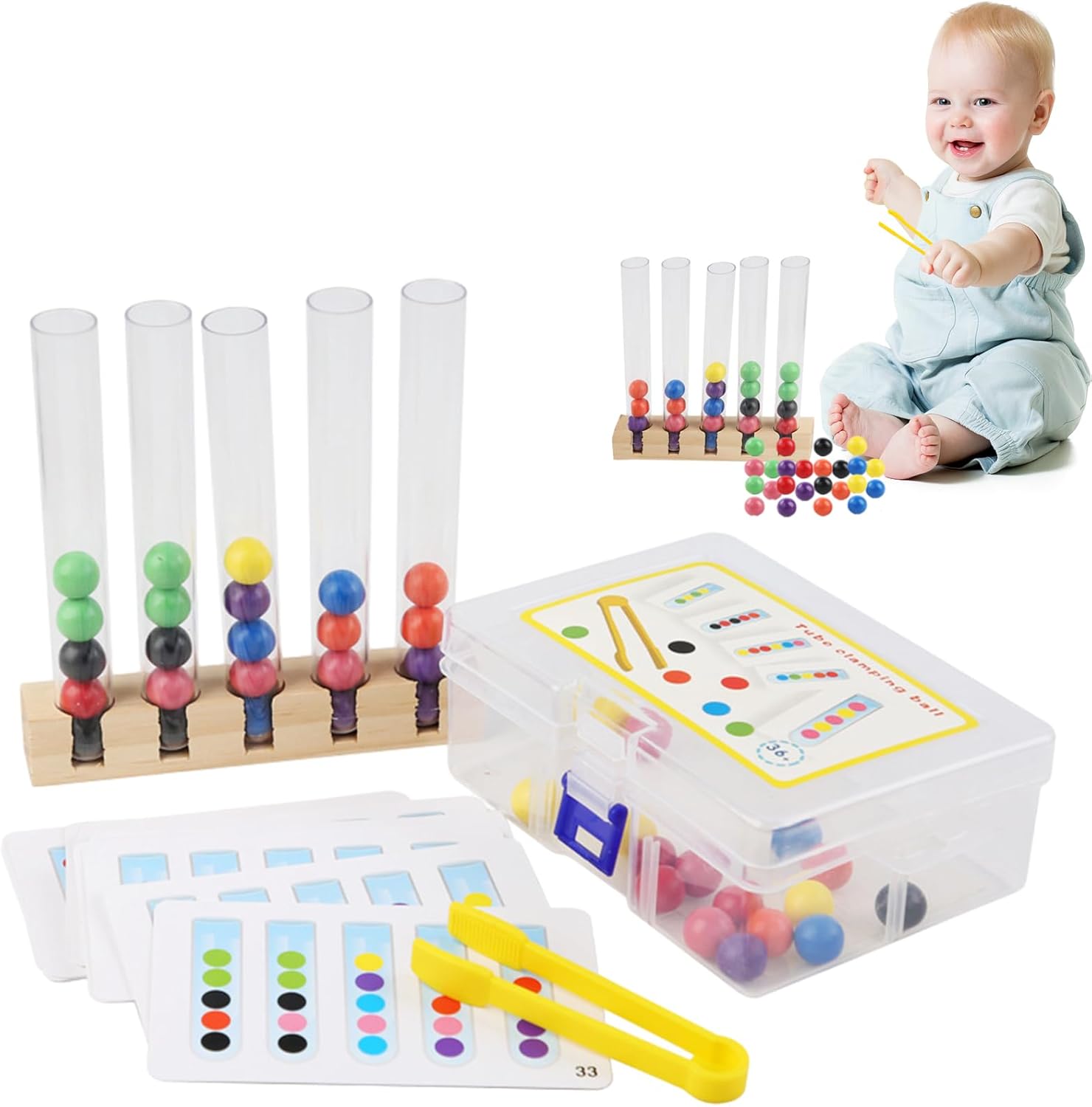 Fidtoy Colorful Clip Beads Test Tube with 48 Pattern Challenge – Fine Motor Skills Color Sorting & Pattern Matching Learning Toy for Kids Ages 3-6
