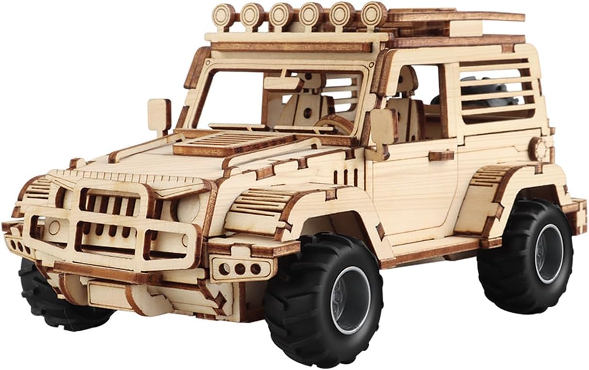 Fidtoy Jeep mécanique 3D en bois à tirer, puzzle de 125 pièces, kit de construction de SUV en bois pour adolescents, adultes, débutants à partir de 14 ans