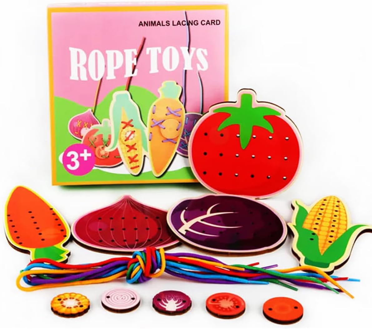 Habarri Puzzle en bois Montessori - Lacets - Apprendre à lacer - Pièces colorées découpées au laser - Jouet éducatif pour enfants de 3 ans et plus - 10 cm x 0,5 cm x 7 cm - Légumes