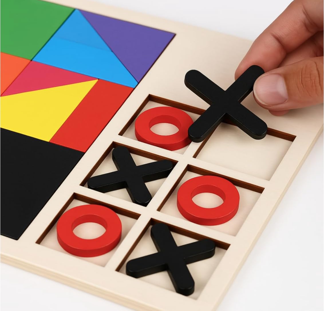 Fidtoy Jeu de Société en Bois 3-en-1 Tetris, Chiffres et Casse-tête pour Enfants, Planche en Bois avec Blocs de Construction, Tangram et Tic-Tac-Toe, Jouet de Motricité Fine et de Stratégie pour les 2-6 Ans