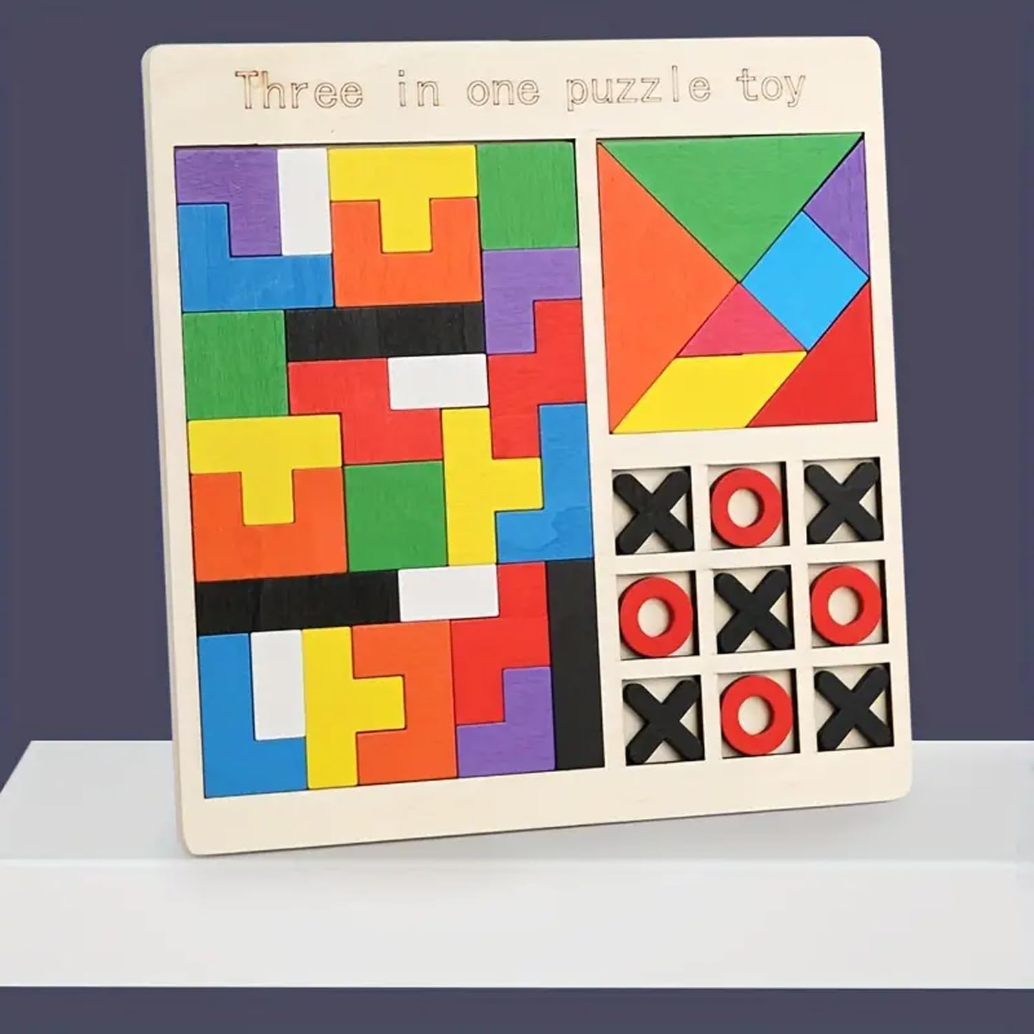 Fidtoy Jeu de Société en Bois 3-en-1 Tetris, Chiffres et Casse-tête pour Enfants, Planche en Bois avec Blocs de Construction, Tangram et Tic-Tac-Toe, Jouet de Motricité Fine et de Stratégie pour les 2-6 Ans