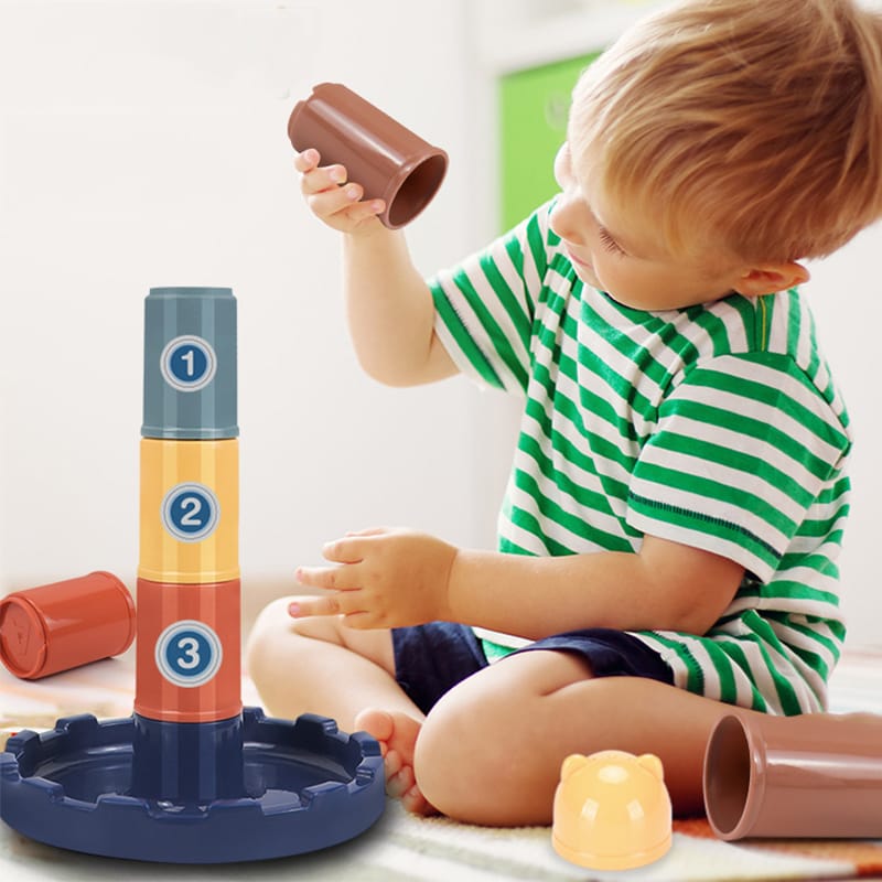 Fidtoy 2in1 Stacking Cups and Ring Tower Play Set, Plastic Stacking Cups Nesting Toy and Ring Tower, Fine Motor Color Learning Toy Ages 6+