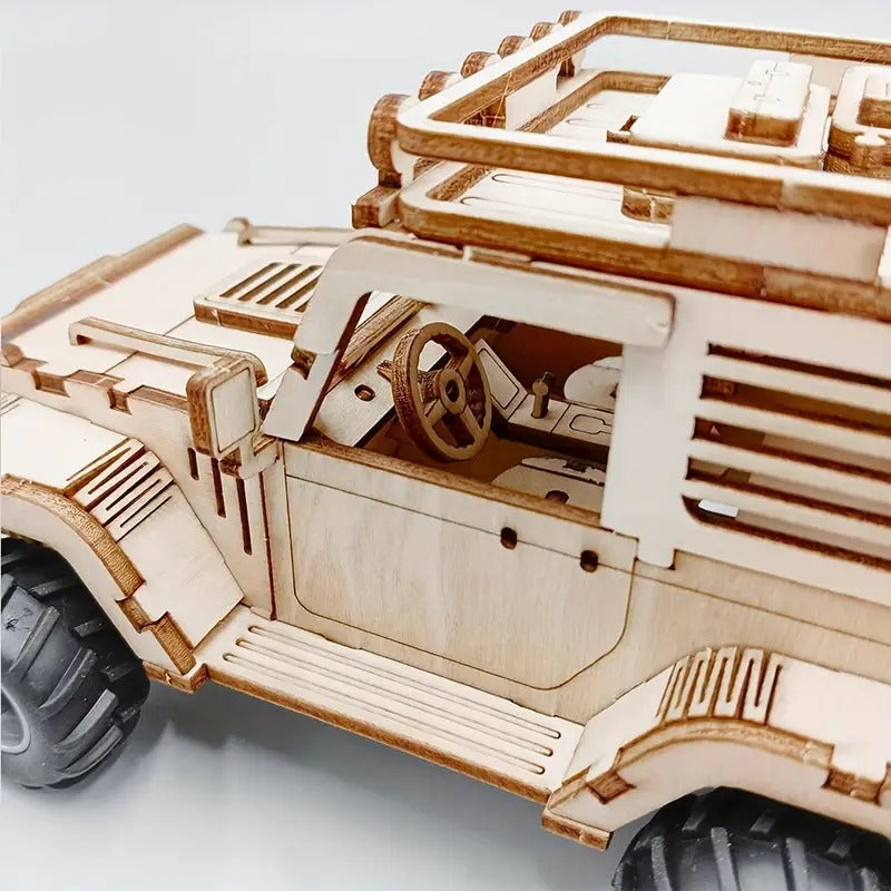 Fidtoy Jeep mécanique 3D en bois à tirer, puzzle de 125 pièces, kit de construction de SUV en bois pour adolescents, adultes, débutants à partir de 14 ans