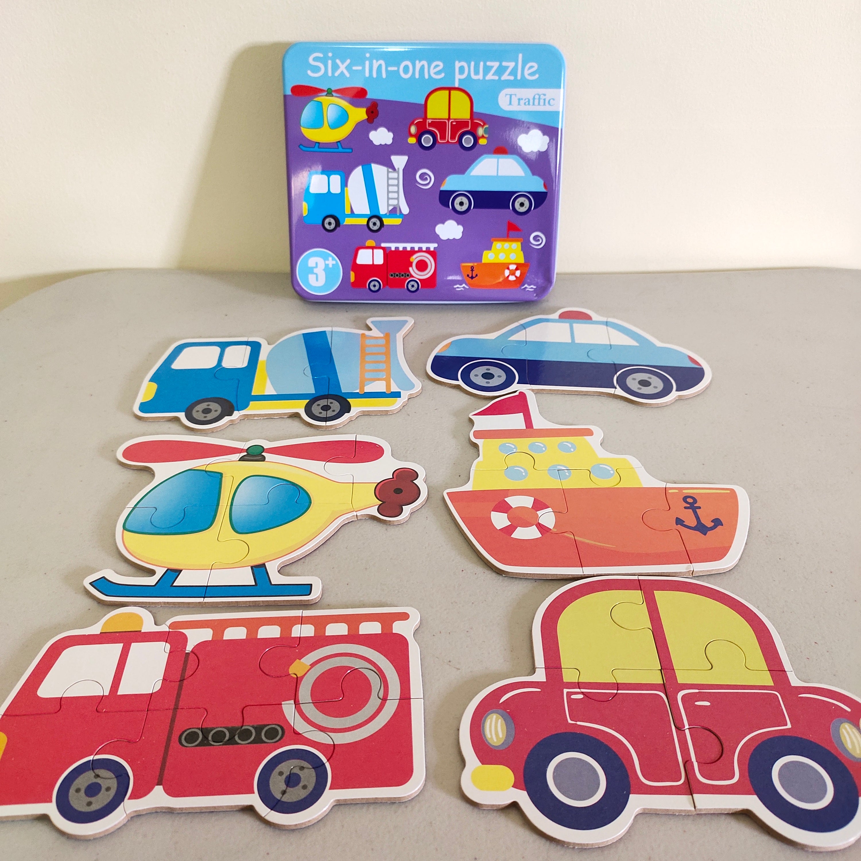 Fidtoy 6-in-1 Jigsaw Puzzle with Number Transport Tin Box for Kids, Transport Theme Number Recognition Puzzle Set, Progressive Toddler Learning Puzzle Age 2–6