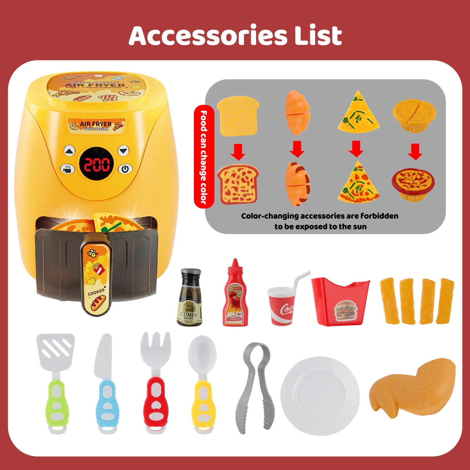 Batterie de cuisine pour enfants avec friteuse à air chaud, jeu de rôle avec accessoires de cuisine, effets sonores et lumineux réalistes et aliments factices