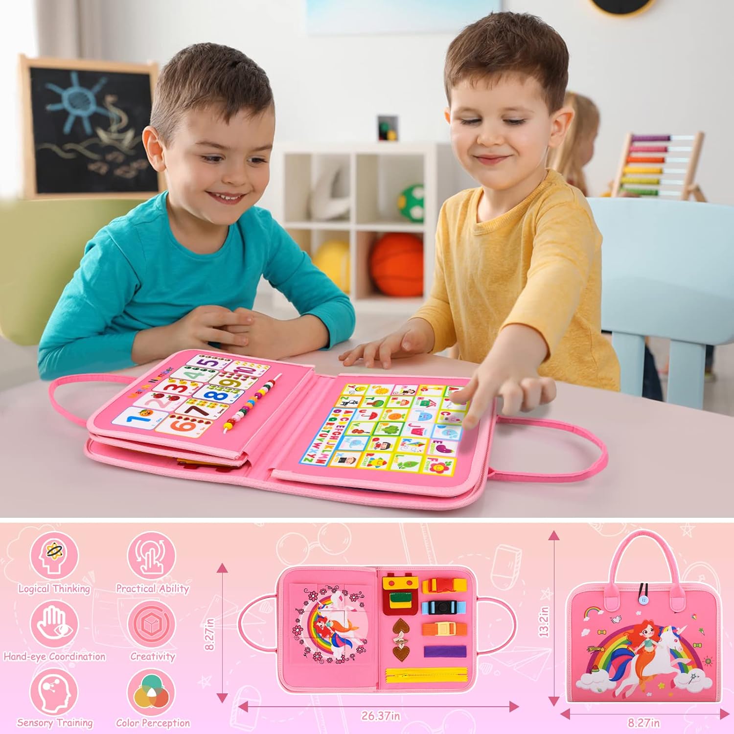 Busy Board Montessori Toys for 1-4 Year Old Toddler, Preschool Educational Learning Activities Developing Sensory Board for Fine Basic Dress Motor Skills/Travel Toys for Plane Car, Gift for Girls Boys