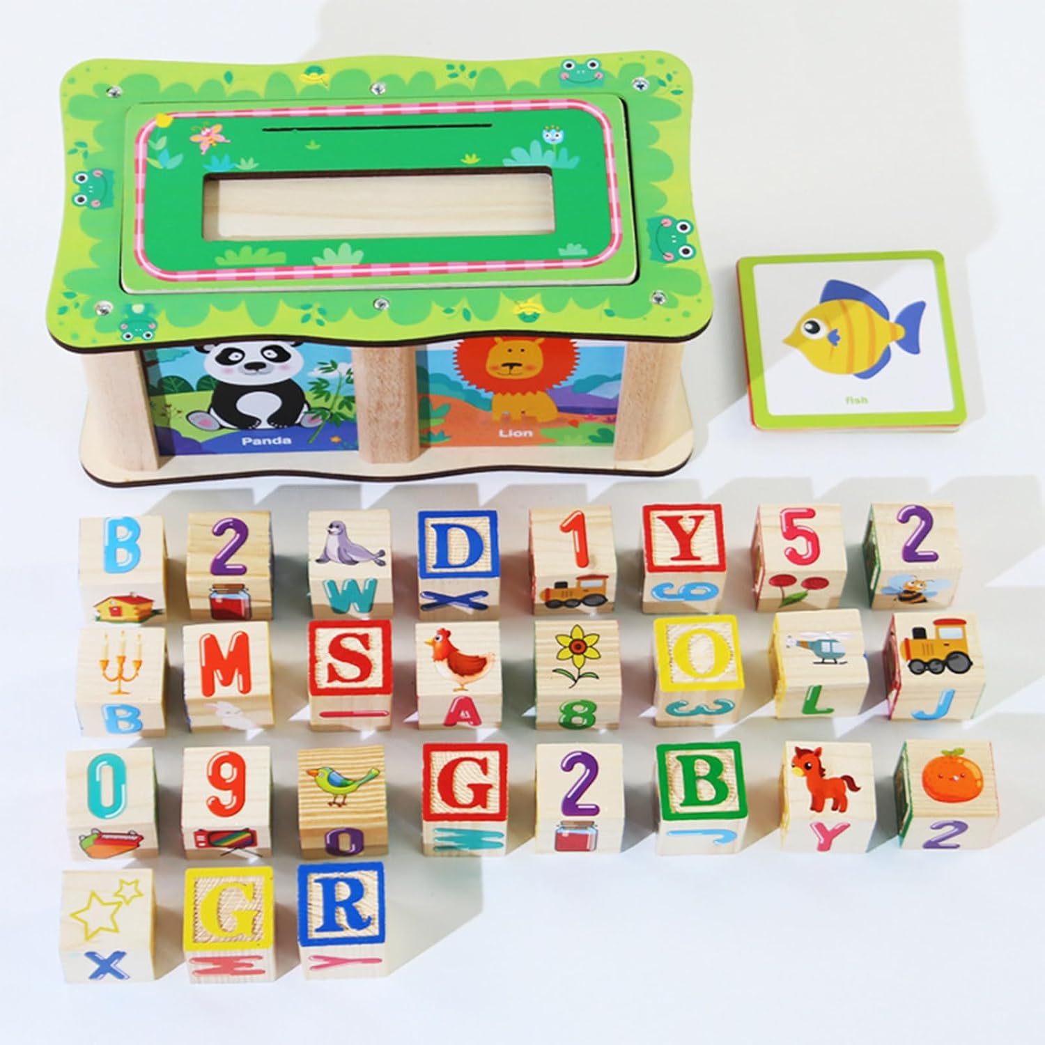 Fidtoy Boîte de Blocs de Construction de Mots en Bois avec Cartes, Ensemble de Blocs Alphabet et de Cartes Illustrées avec 27 Blocs, 20 Cartes Double Face et Boîte de Rangement Âge 3+