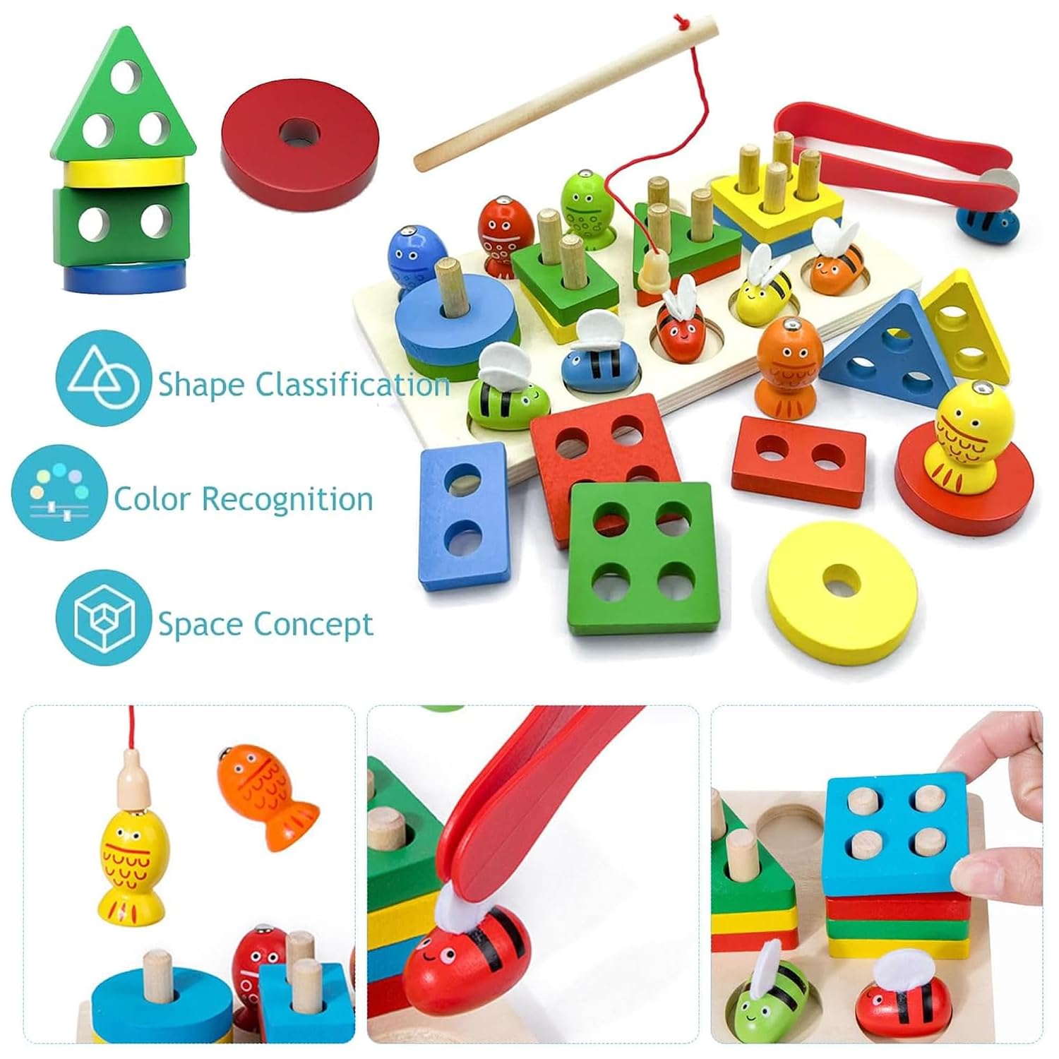 Fidtoy 3 en 1 Kit d'Activités Abeilles et Pêche Magnétique Formes à Colonnes, Jouet en Bois de Tri des Formes et de Développement de la Motricité Fine pour les Enfants de 2 à 6 Ans