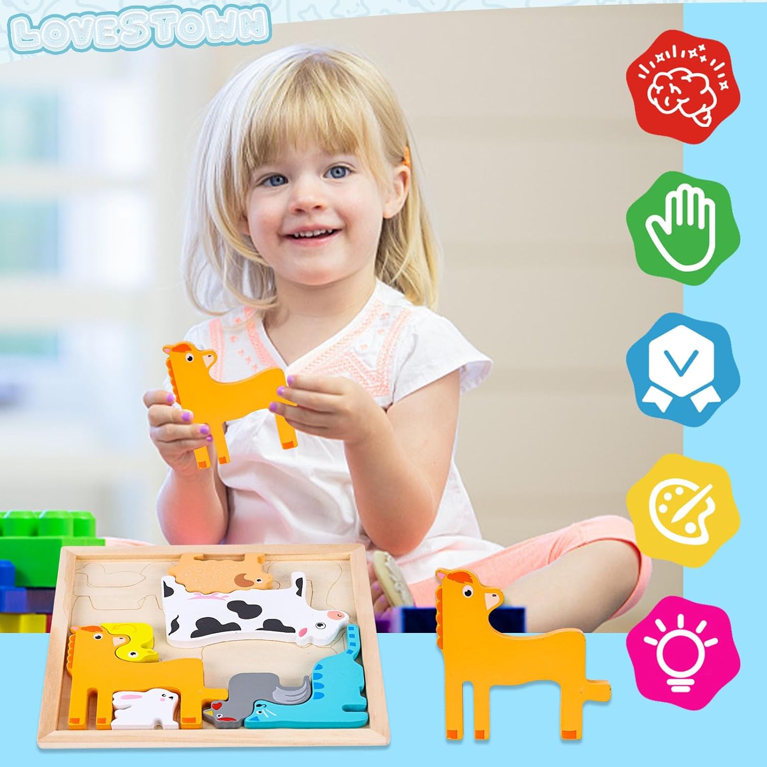 Planche de puzzle 3D Fidtoy à assembler, motif aléatoire, planche de puzzle en bois d'animaux de la ferme, jouet d'apprentissage de la motricité fine et de l'association des chiffres pour enfants