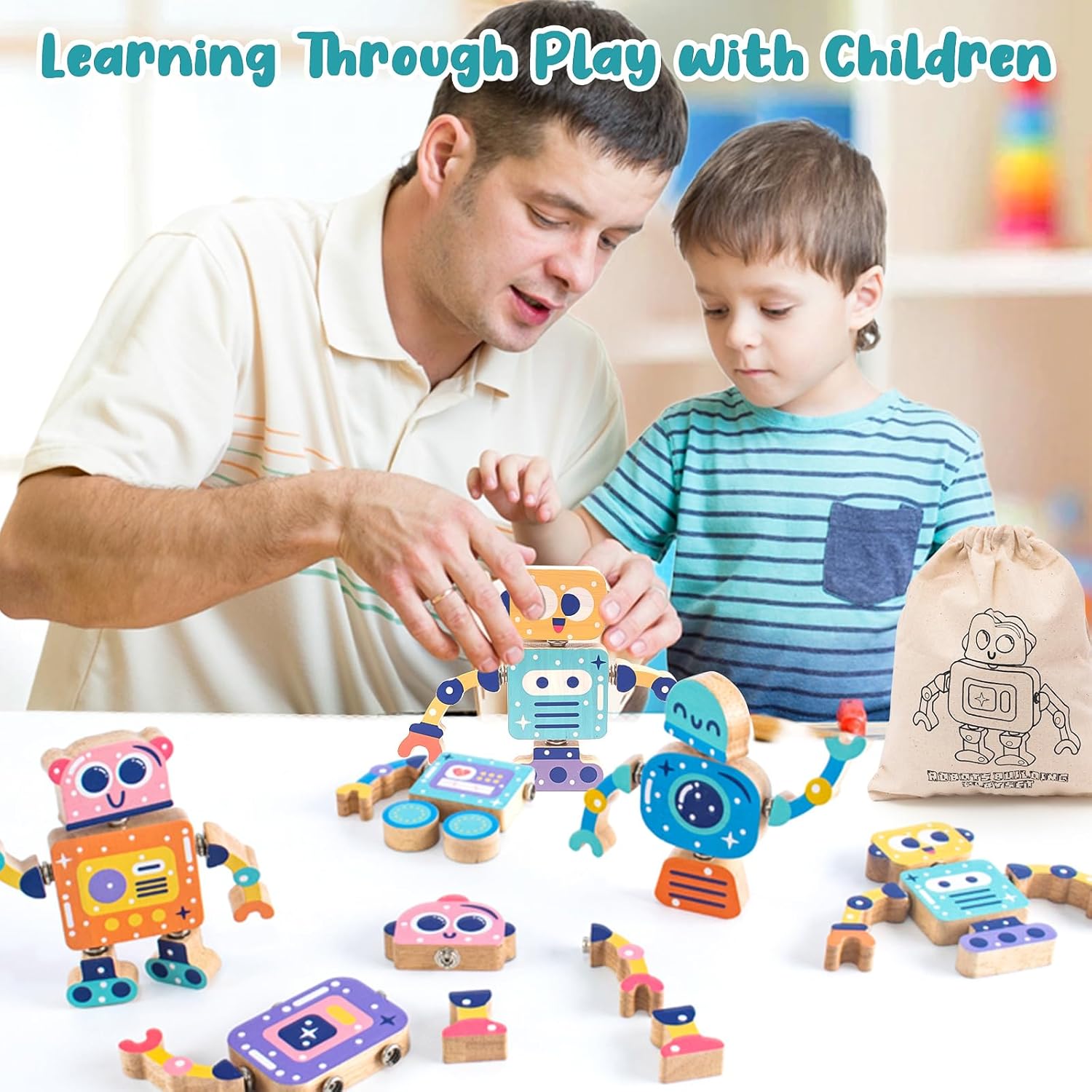 Fidtoy Wooden Robot Building Toy Snap Construction Set for Kids