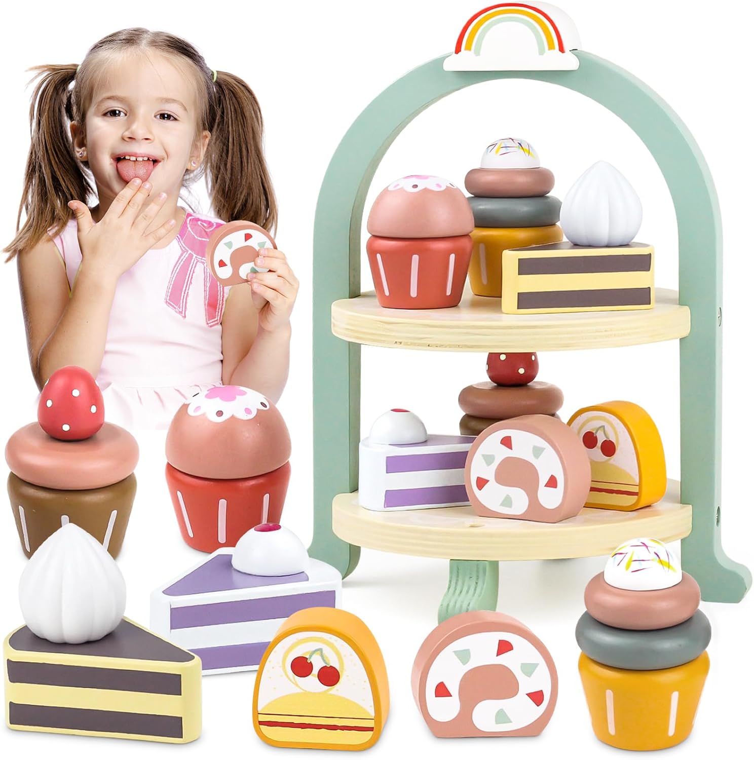 Fidtoy Jeu d'empilage de cupcakes en bois - Jouet d'imitation pour les tout-petits