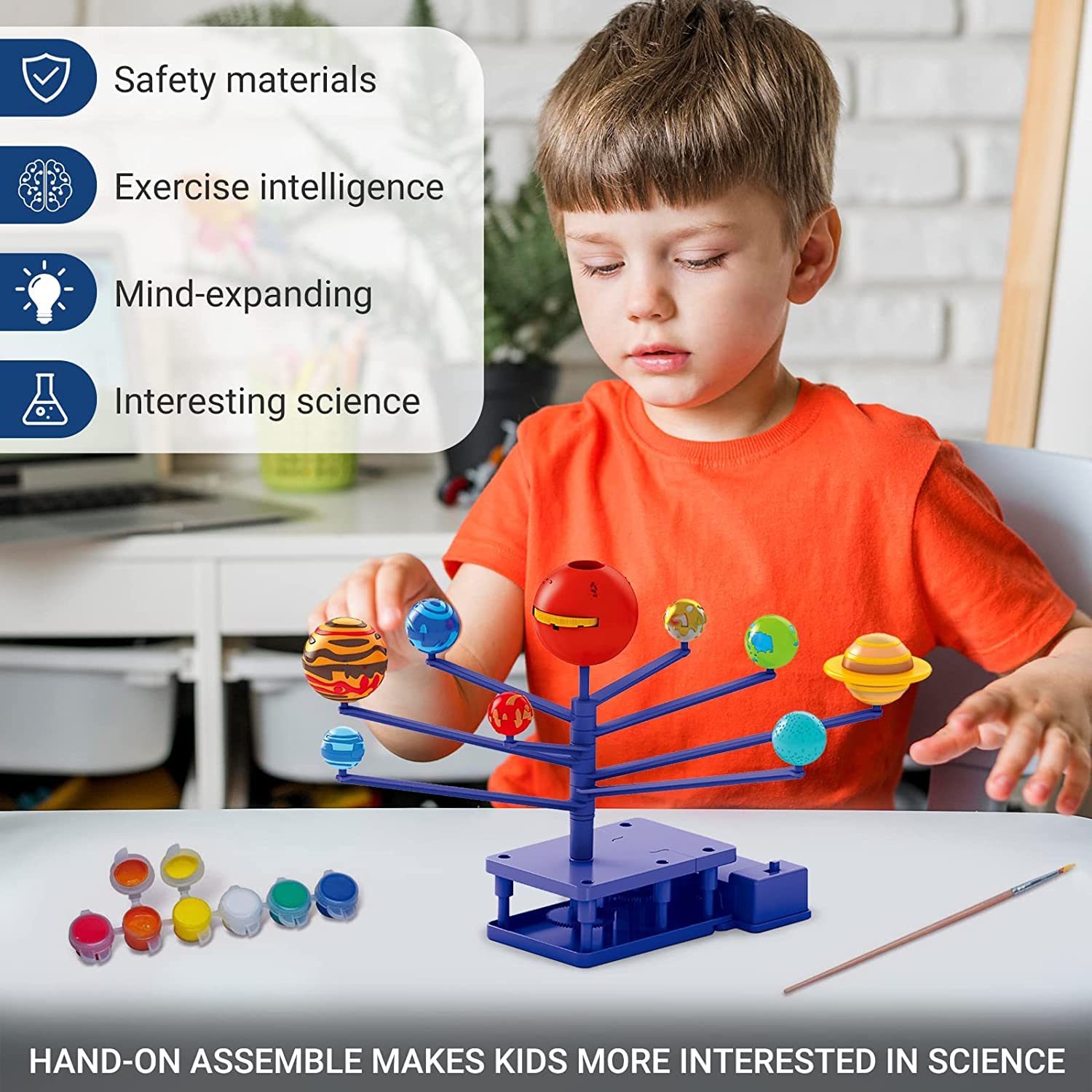 Fidtoy STEM Rotating Planets and Planet Projector DIY Kit for Kids Ages 8+, Motorized Solar System Model Kit, Plastic Space Science Toy with 8 Planets, Planetarium Projector, Paint and Brush Activity