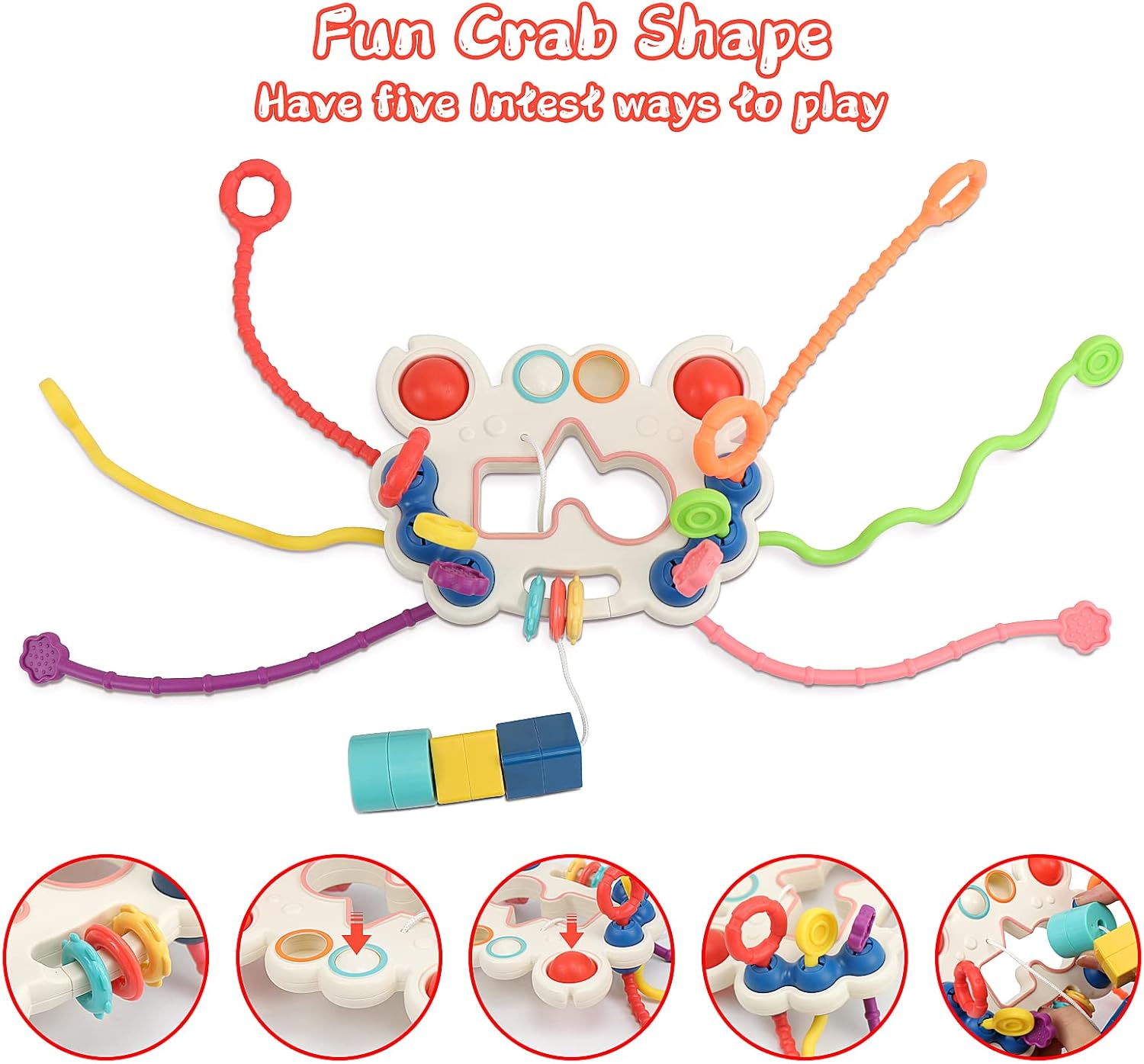 Fidtoy Jouet d'éveil et sensoriel 5-en-1 à tirer pour bébés, Jouet à tirer en silicone en forme de crabe avec boutons-poussoirs, textures, motricité fine et jeu de voyage, âge 0-2 ans