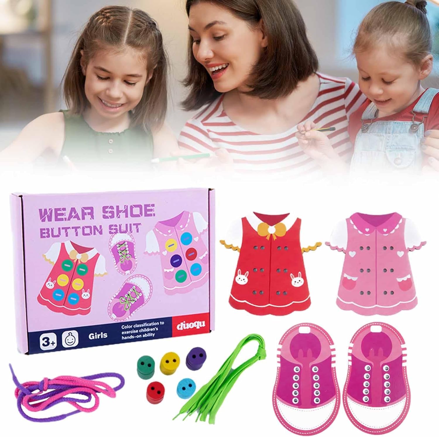 Jouets de laçage de vêtements - Planche de compétences de vie de base, Jouet de laçage de vêtements en bois, Jouet d'apprentissage des compétences motrices fines en bois, Cadeau Montessori, Cadeaux éducatifs précoces pour les enfants, Nouveau Pingpai