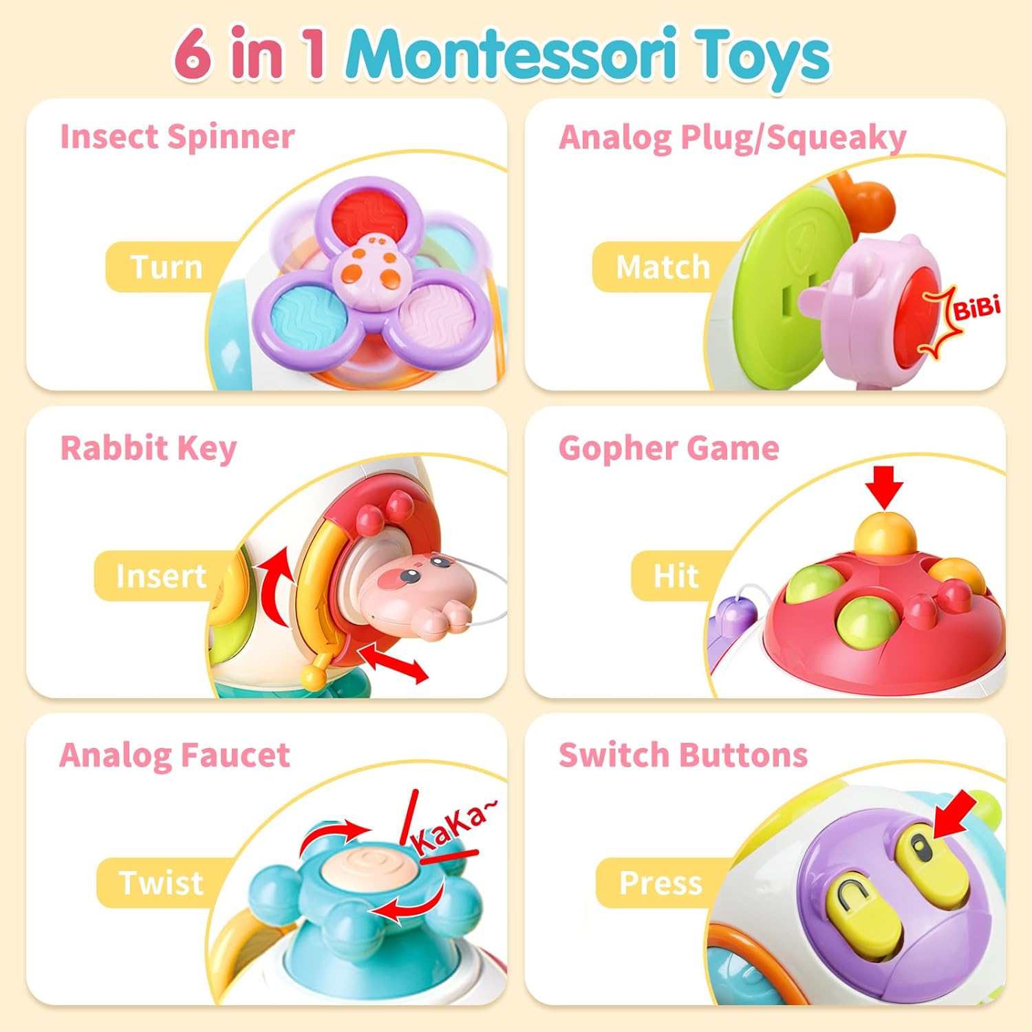 Fidtoy Cube d'activités 6-en-1 Busy Catch Ball pour tout-petits, cube d'activités Montessori sensoriel avec interrupteurs, prise, clé lapin, hand spinner et activités de motricité fine, à partir de 18 mois